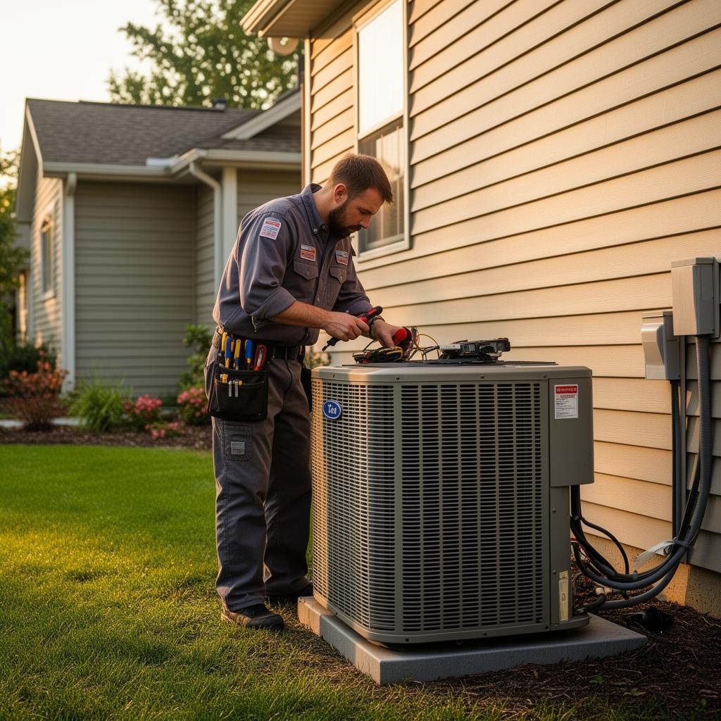 HVAC technician servicing an external air conditioning unit at a residential home